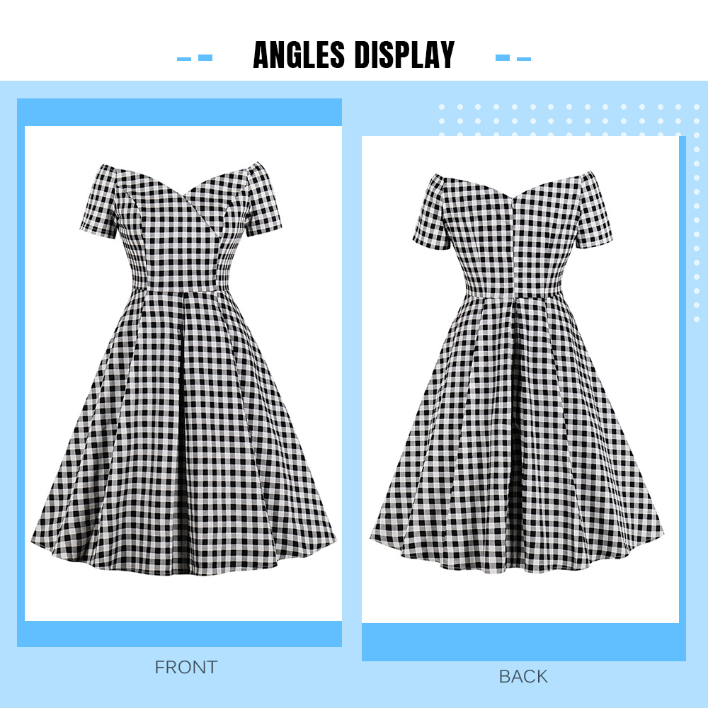 Off The Shoulder Short Sleeve Plaid Print Zipper A-line Women Vintage Dress