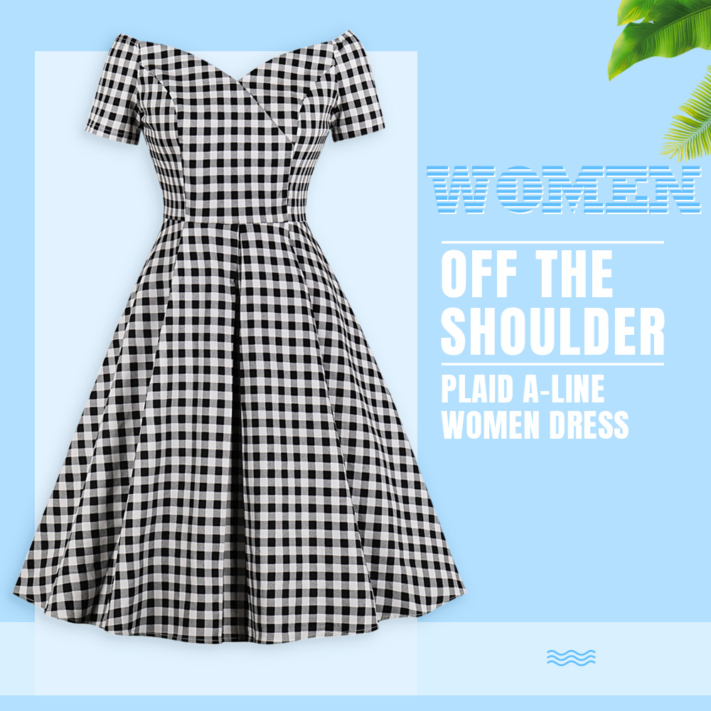 Off The Shoulder Short Sleeve Plaid Print Zipper A-line Women Vintage Dress