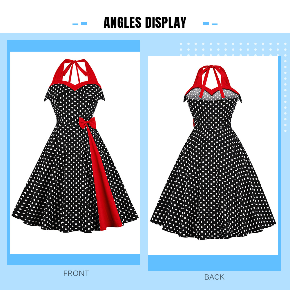 Halter Neck Backless Polka Dot Print Bowknot A-line Women Vintage Dress