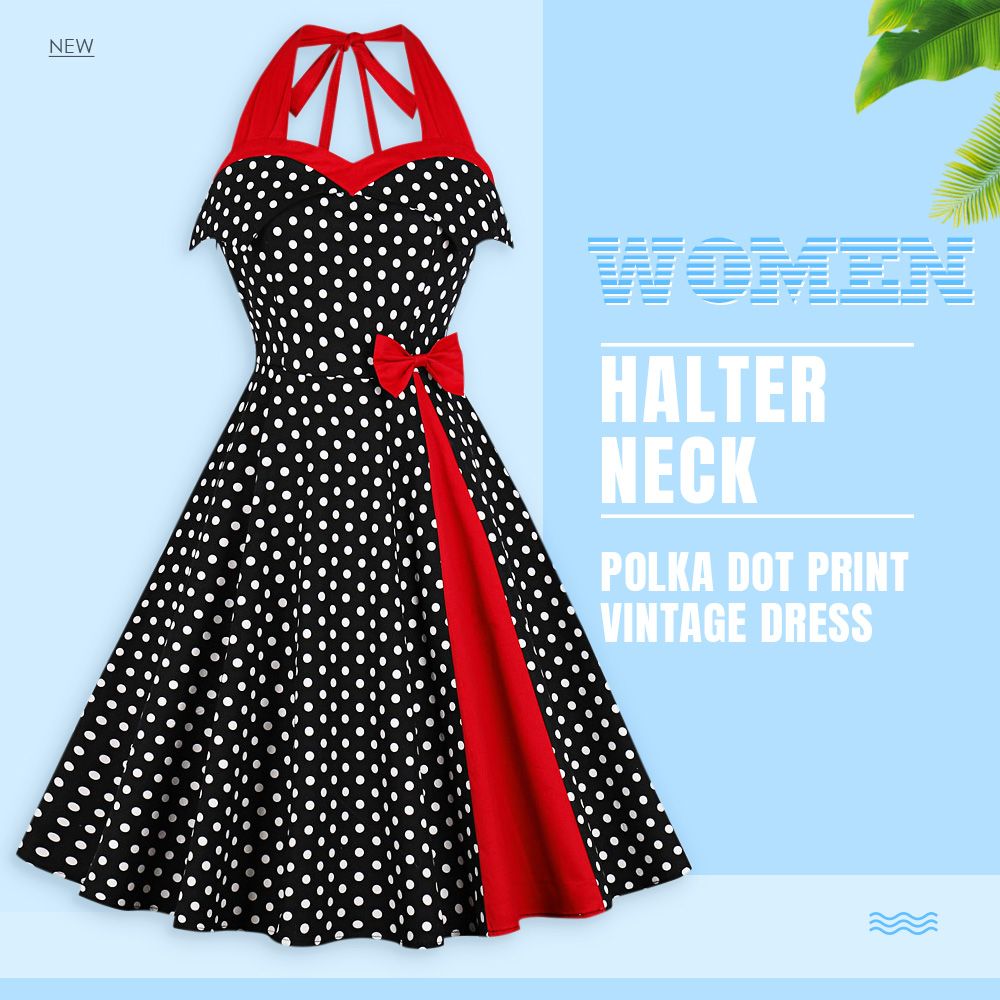 Halter Neck Backless Polka Dot Print Bowknot A-line Women Vintage Dress