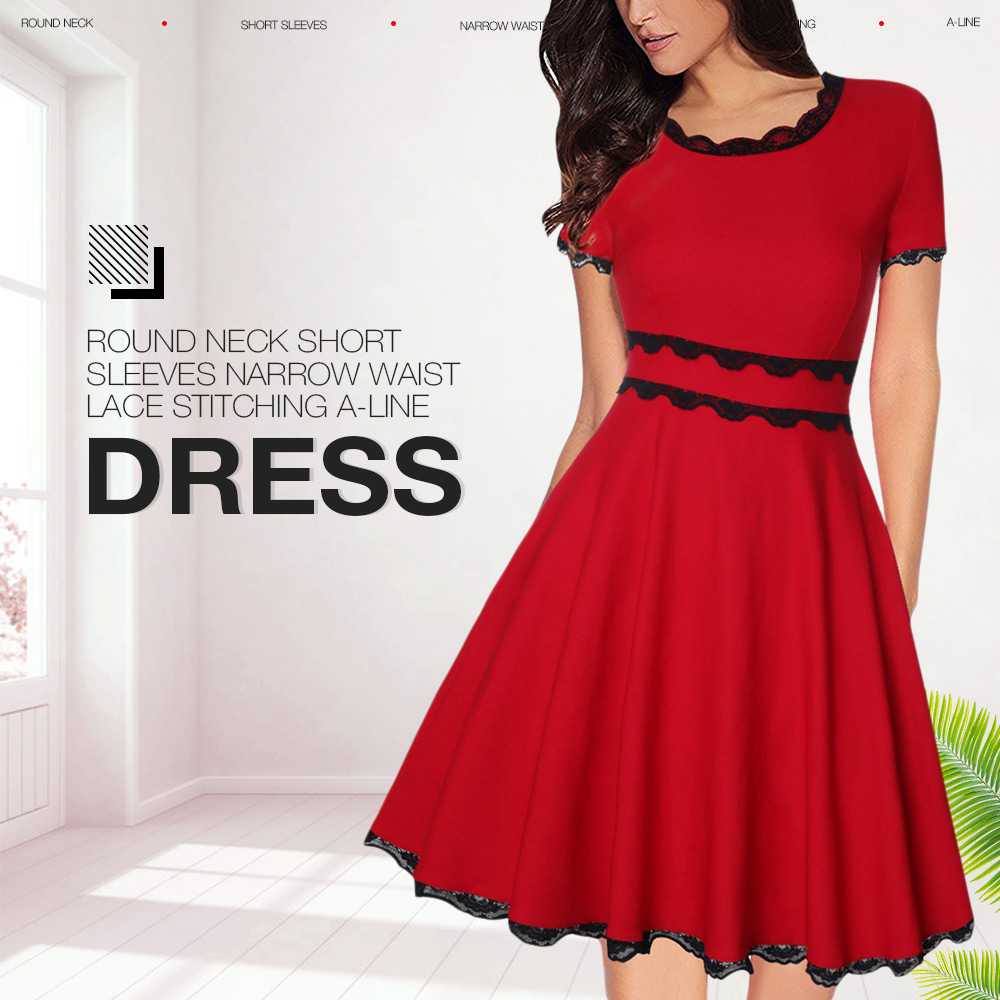 Round Neck Short Sleeves Narrow Waist Lace Stitching A-line Dress