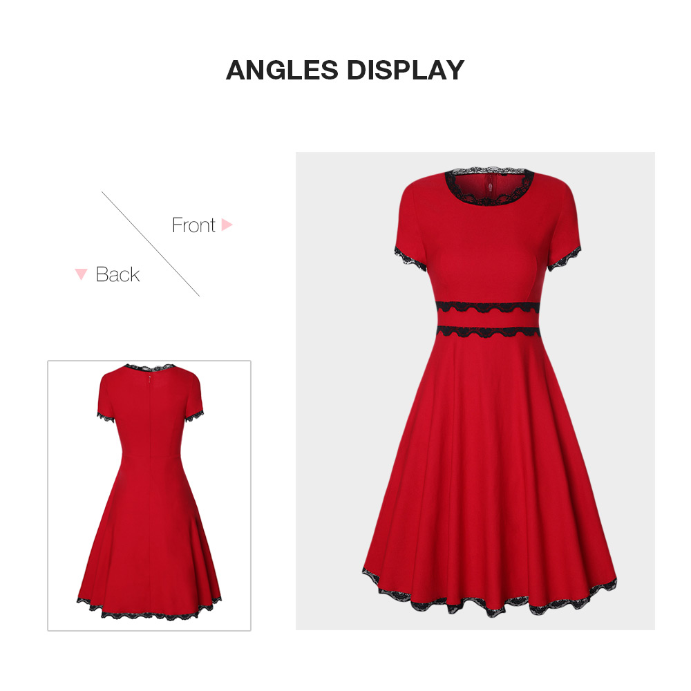 Round Neck Short Sleeves Narrow Waist Lace Stitching A-line Dress