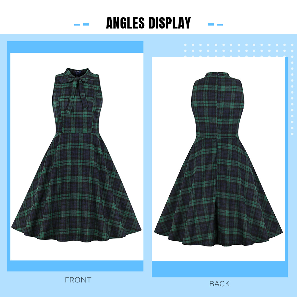 Stand Collar Sleeveless Plaid Print Bowknot A-line Women Vintage Dress