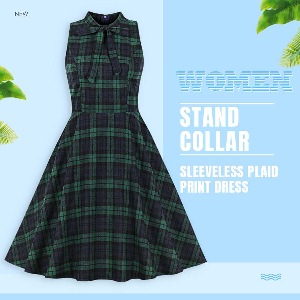 Stand Collar Sleeveless Plaid Print Bowknot A-line Women Vintage Dress