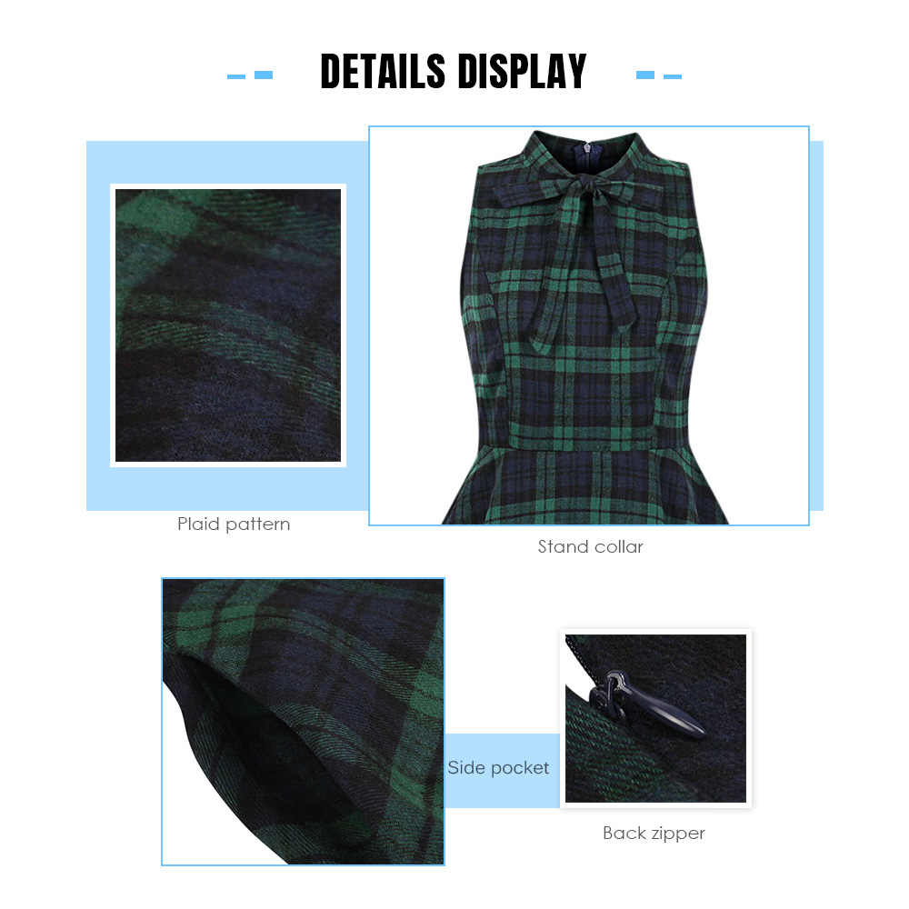 Stand Collar Sleeveless Plaid Print Bowknot A-line Women Vintage Dress