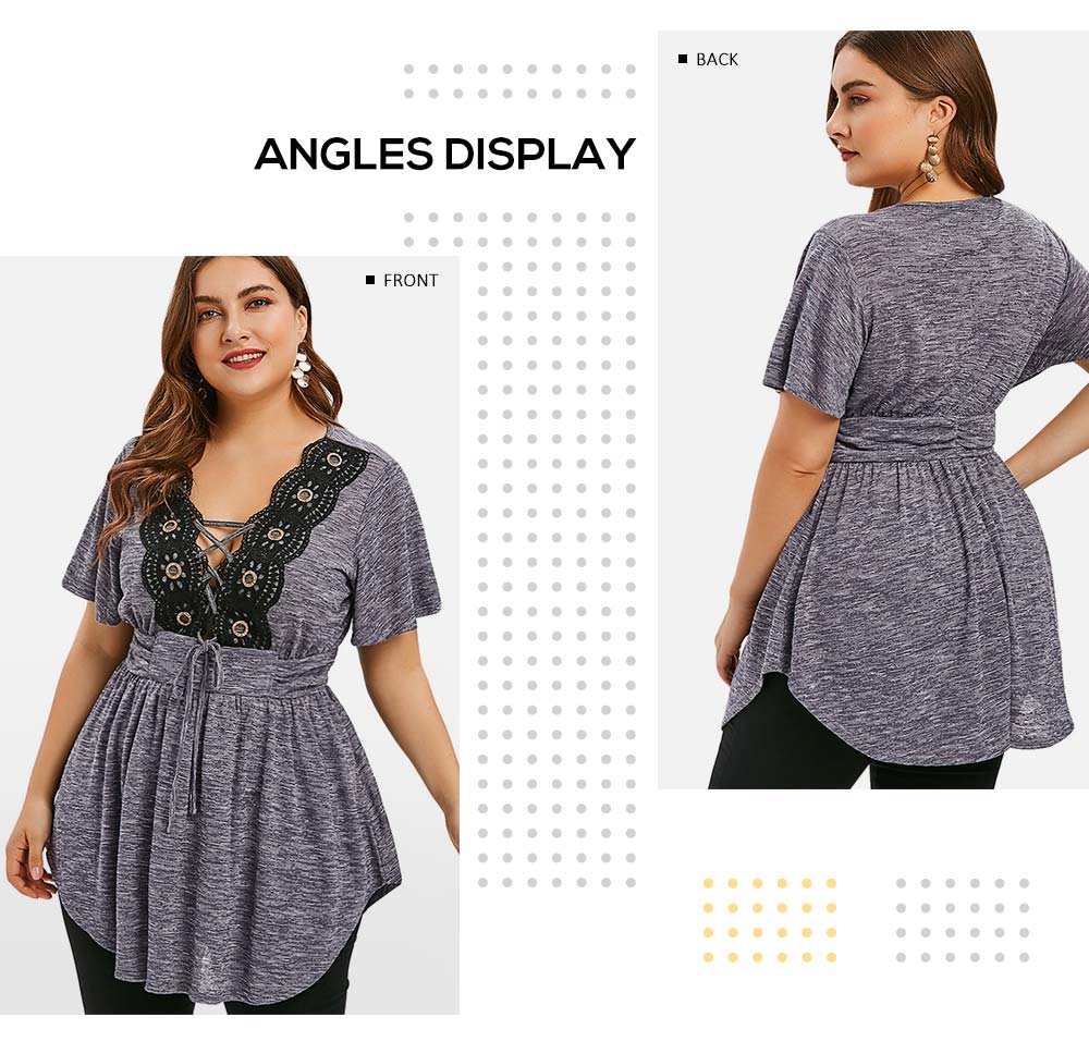 Lace Insert Lace Up Plus Size T-shirt