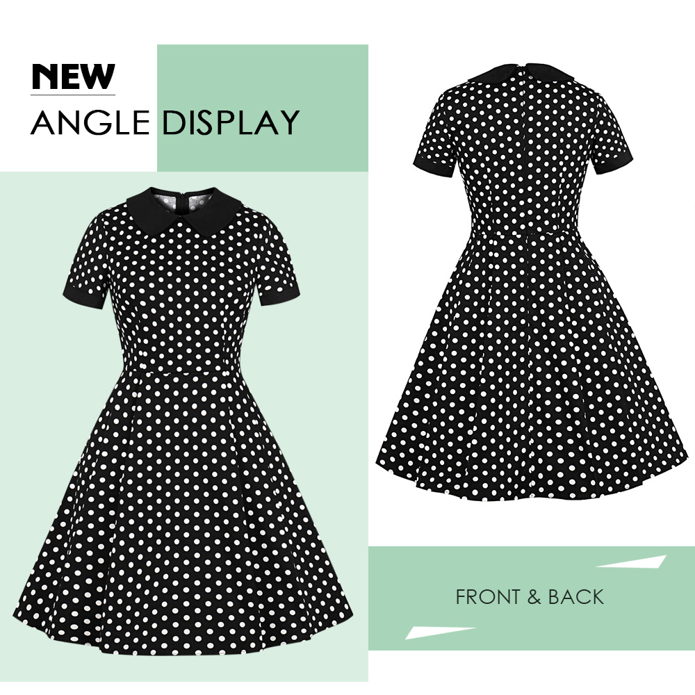 Turn-down Collar Short Sleeve Polka Dot Print A-line Women Vintage Dress