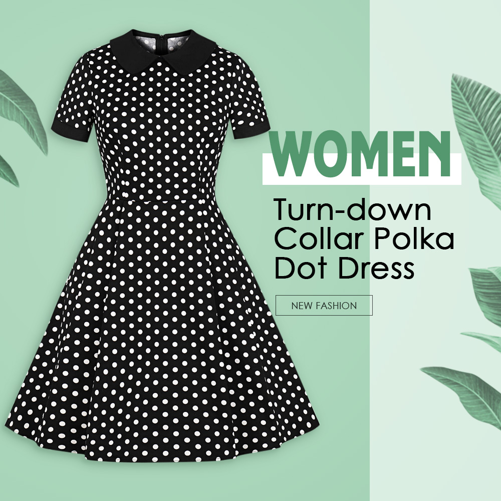Turn-down Collar Short Sleeve Polka Dot Print A-line Women Vintage Dress