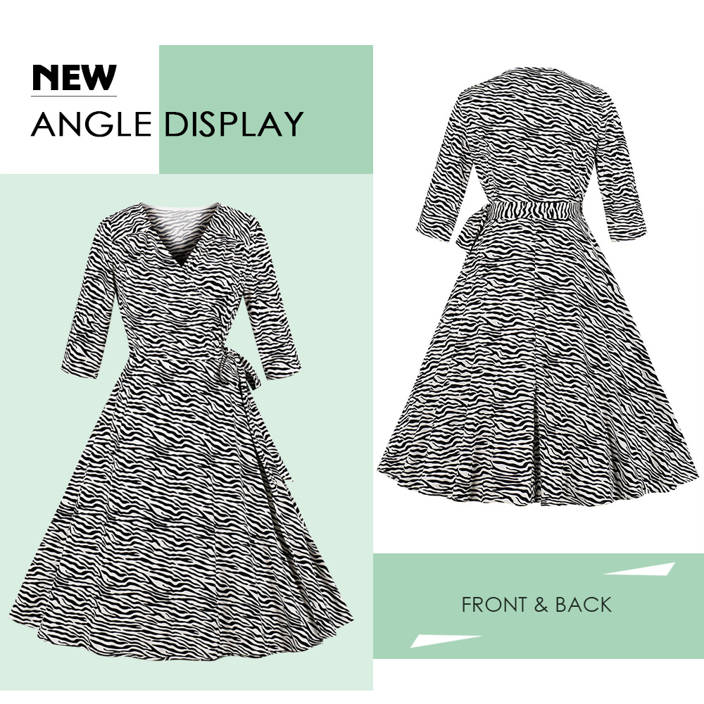 V Neck 3/4 Sleeve Zebra Print Belted A-line Women Vintage Wrap Dress