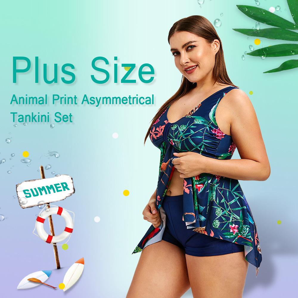 Plus Size Animal Print Asymmetrical Tankini Set