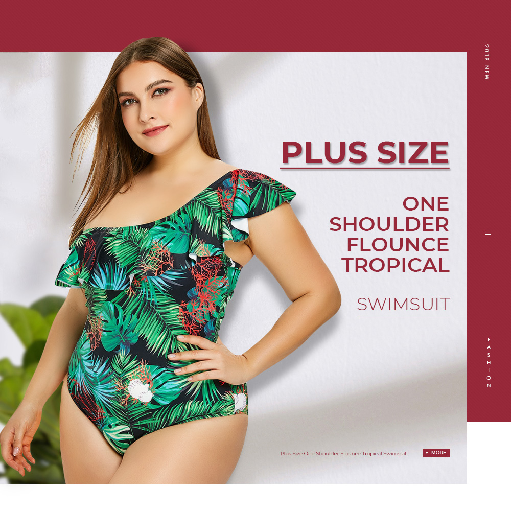 Plus Size One Shoulder Flounce Tropical Swimsuit