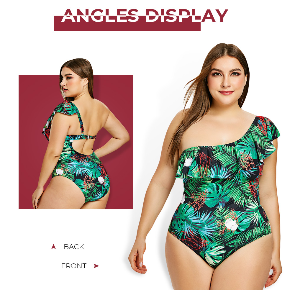 Plus Size One Shoulder Flounce Tropical Swimsuit