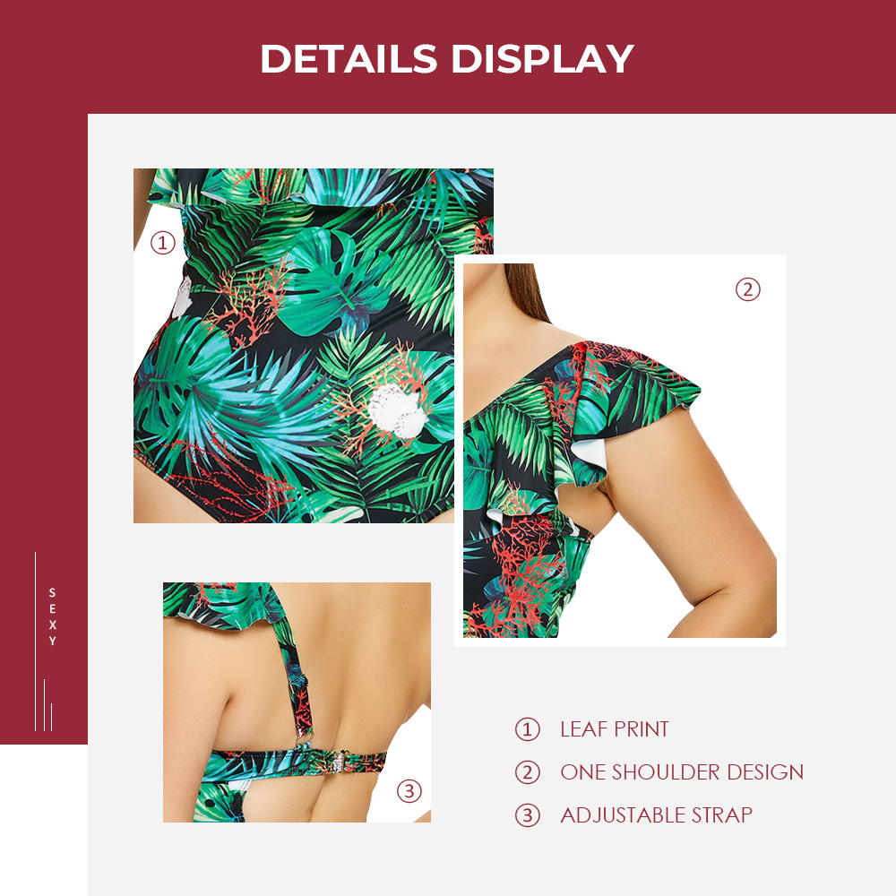 Plus Size One Shoulder Flounce Tropical Swimsuit