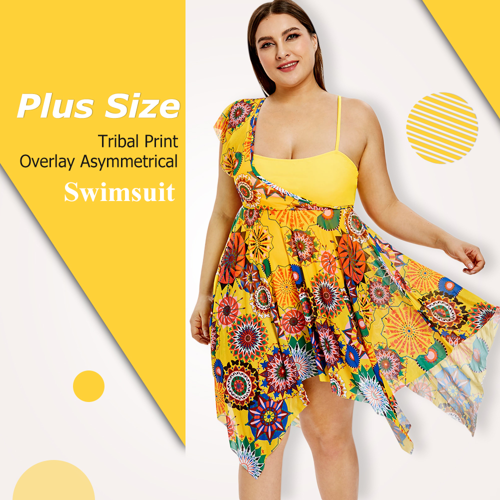 Plus Size Tribal Print Overlay Asymmetrical One-piece Swimsuit