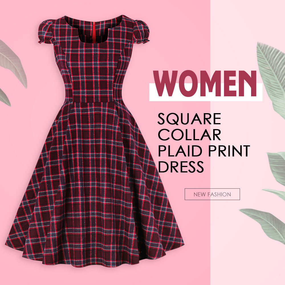 Square Collar Short Sleeve Plaid Print A-line Women Vintage Dress