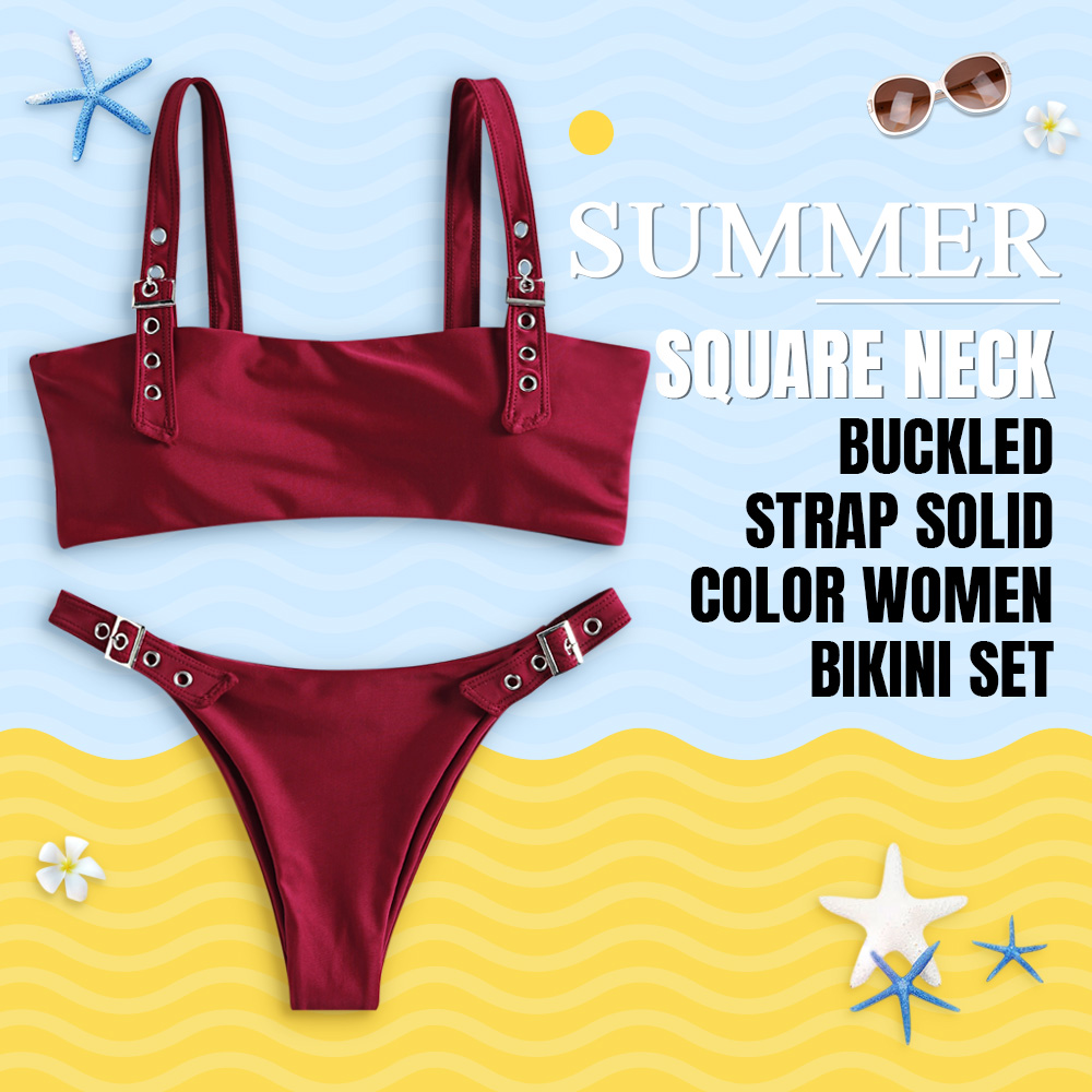 Square Neck Buckled Strap Solid Color Padded Low Waist Women Bikini Set