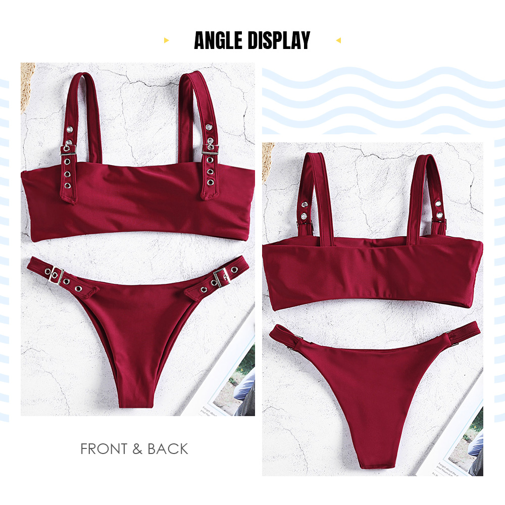 Square Neck Buckled Strap Solid Color Padded Low Waist Women Bikini Set