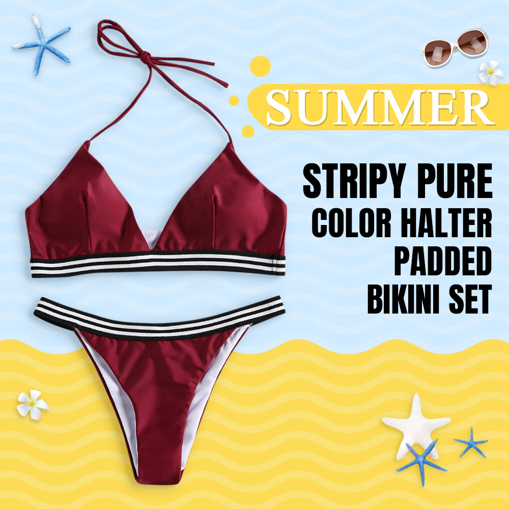 Stripy Pure Color Halter Padded Bikini Set