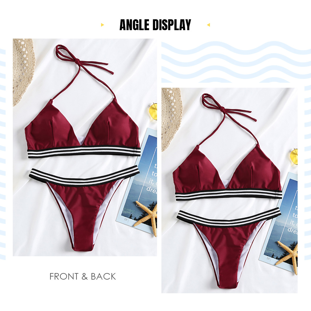 Stripy Pure Color Halter Padded Bikini Set