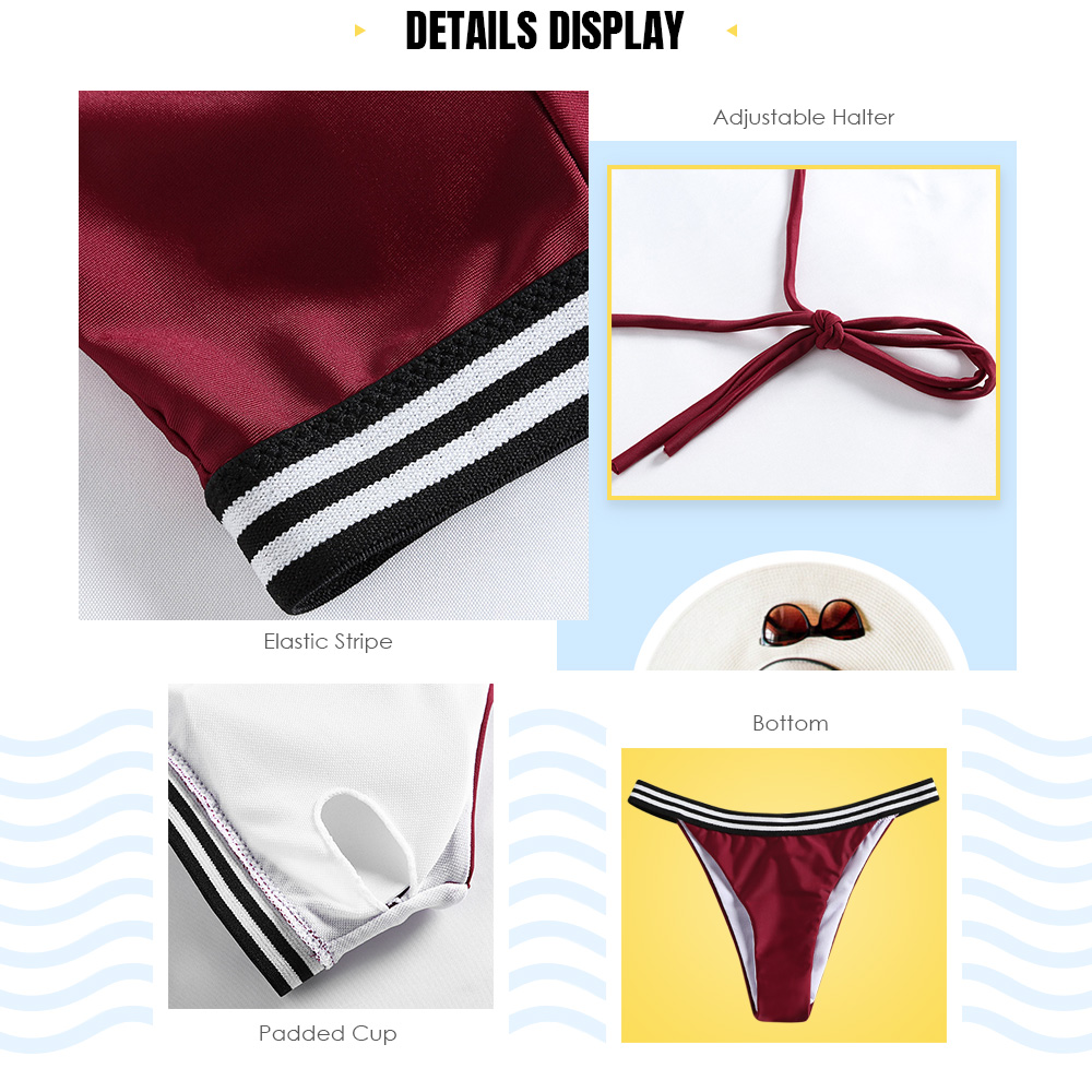 Stripy Pure Color Halter Padded Bikini Set