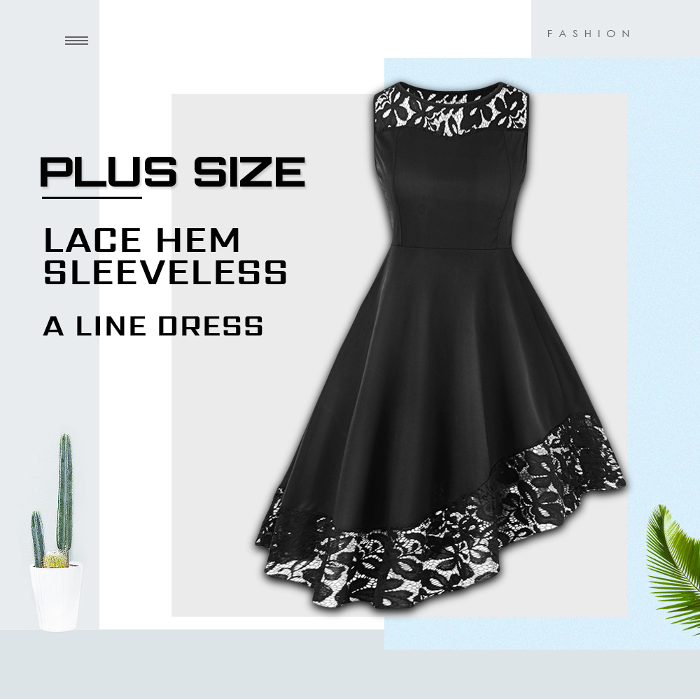 Plus Size Lace Hem Sleeveless A Line Dress