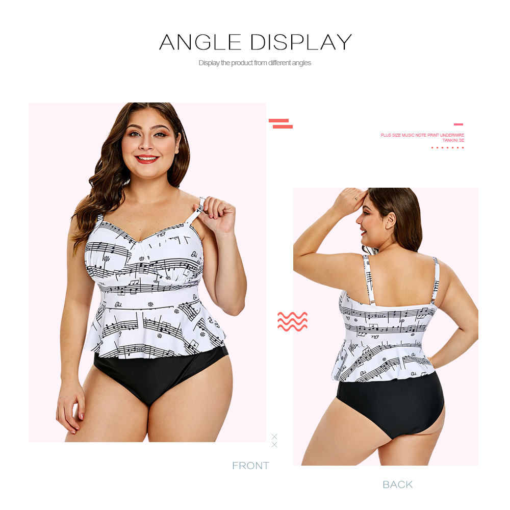 Music Note Print Plus Size Underwire Tankini Set