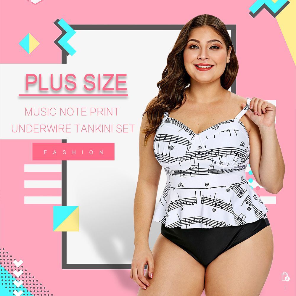 Music Note Print Plus Size Underwire Tankini Set