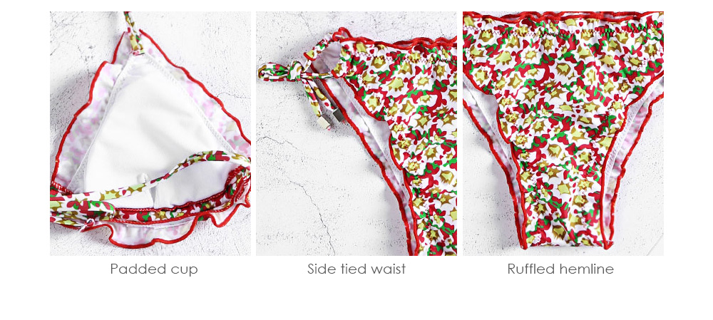Halter Neck Floral Print Ruffle Backless Padded Tied Women Bikini Set