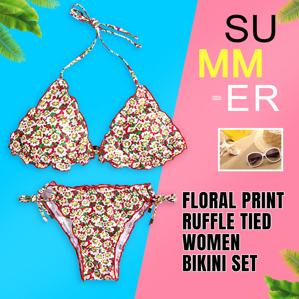 Halter Neck Floral Print Ruffle Backless Padded Tied Women Bikini Set