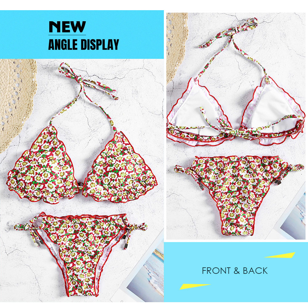 Halter Neck Floral Print Ruffle Backless Padded Tied Women Bikini Set