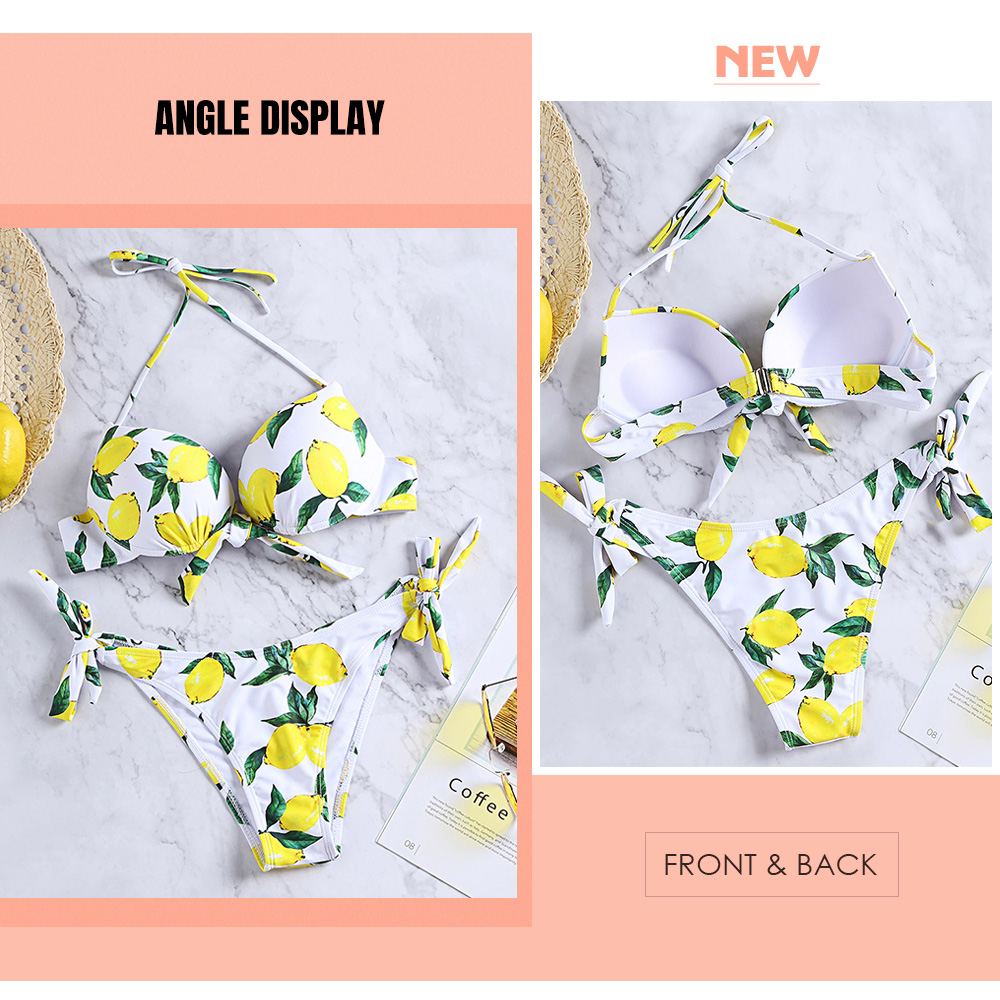 Halter Neck Lemon Print Backless Knotted Underwired Padded Women Bikini Set