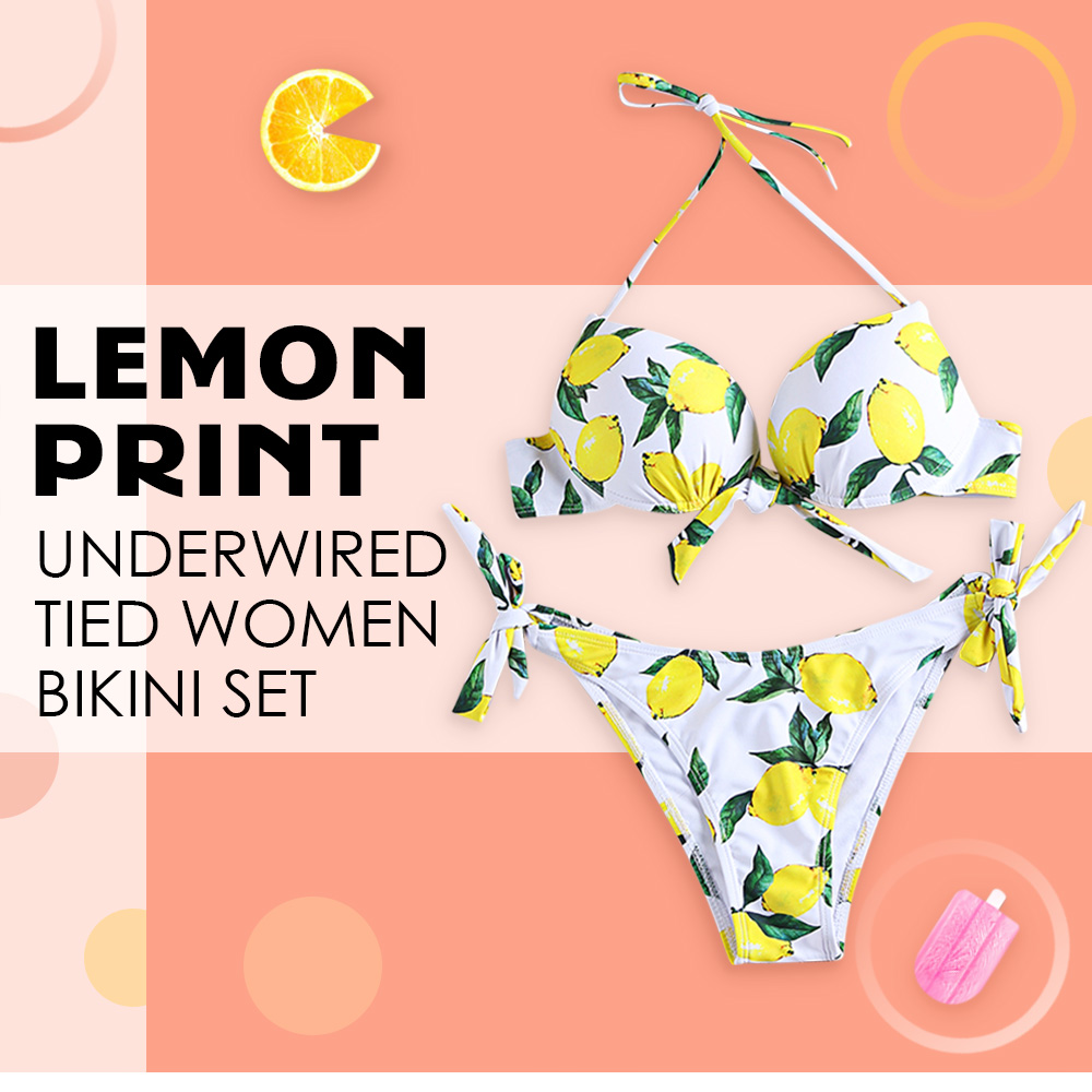 Halter Neck Lemon Print Backless Knotted Underwired Padded Women Bikini Set