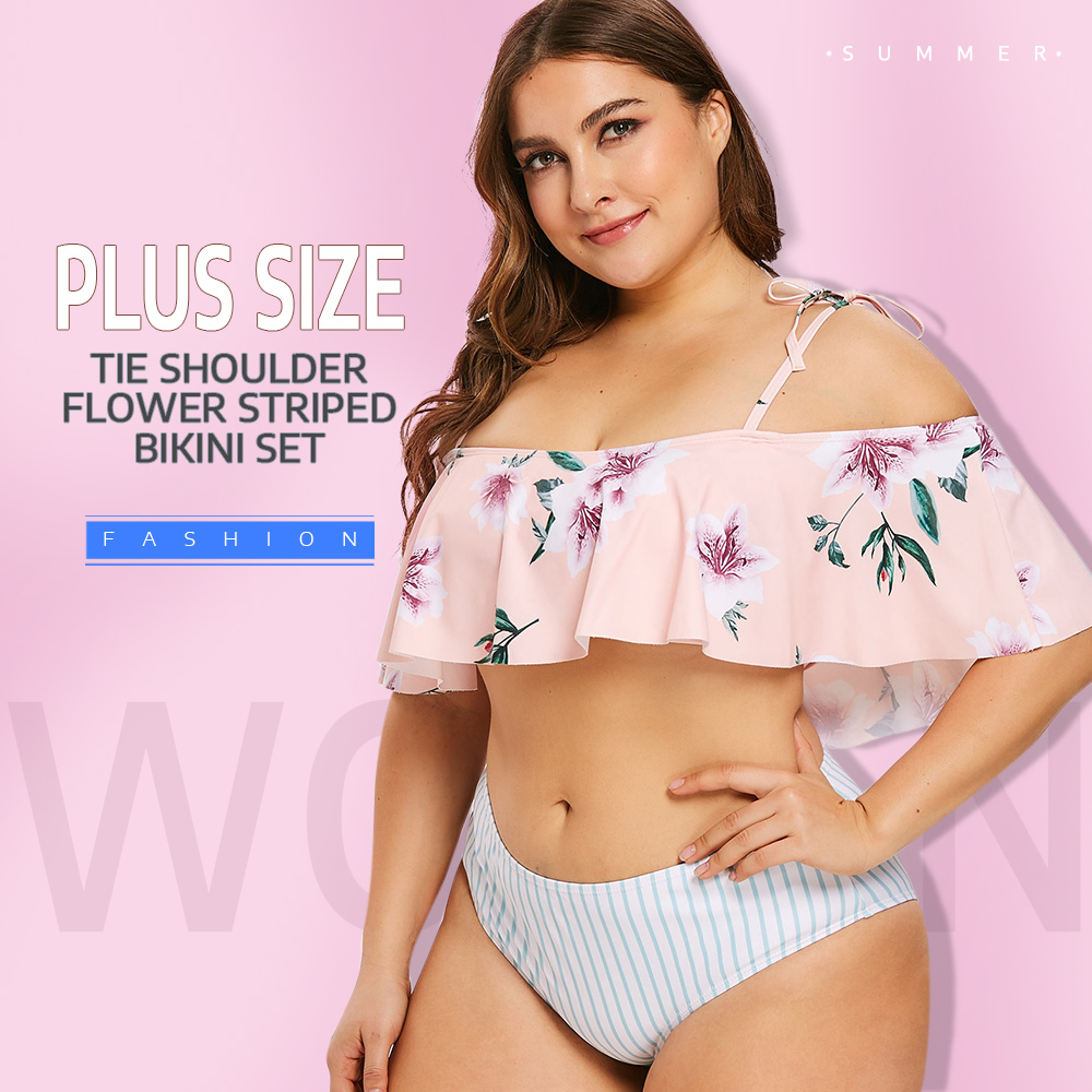 Plus Size Tie Shoulder Flower Striped Bikini Set
