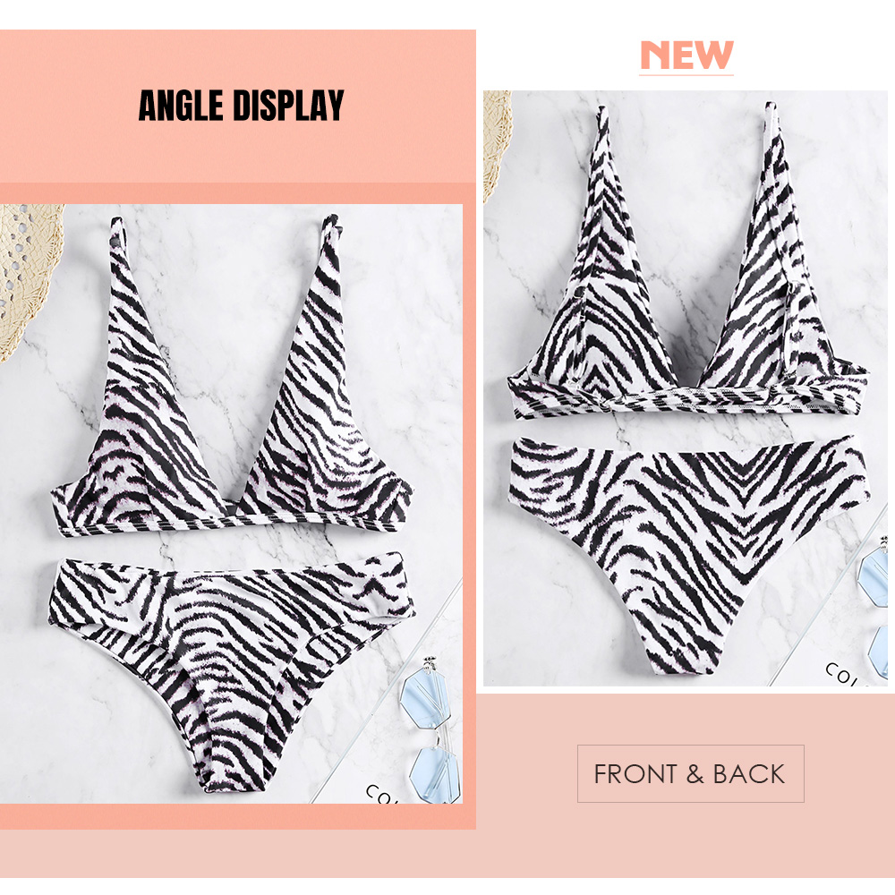 Plunge Neck Animal Print Padded Backless Low Waist Women Bikini Set