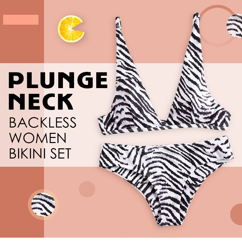 Plunge Neck Animal Print Padded Backless Low Waist Women Bikini Set