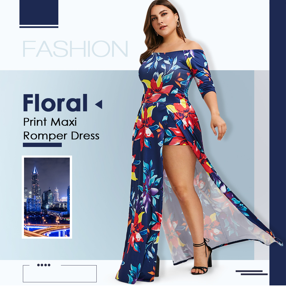 Plus Size Off The Shoulder Floral Print Maxi Romper Dress