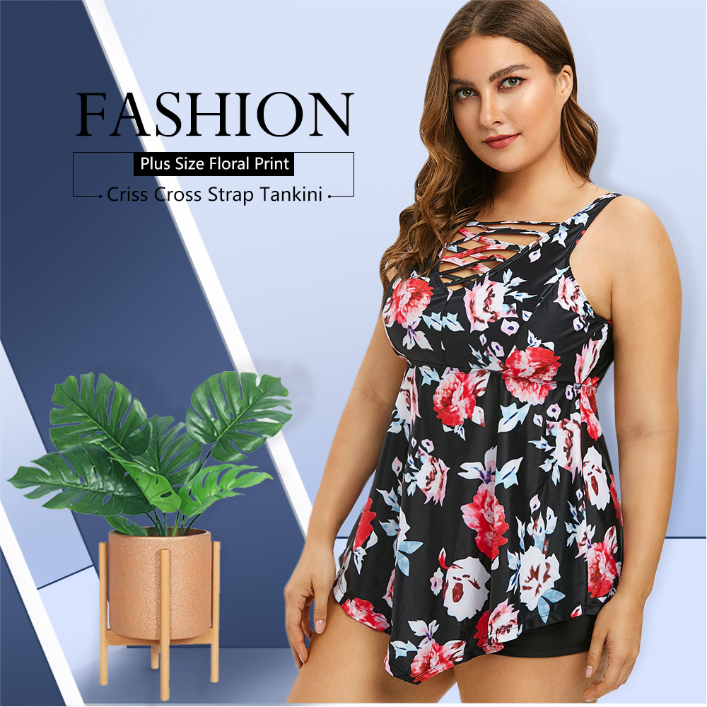 Plus Size Floral Print Criss Cross Peplum Tankini Set