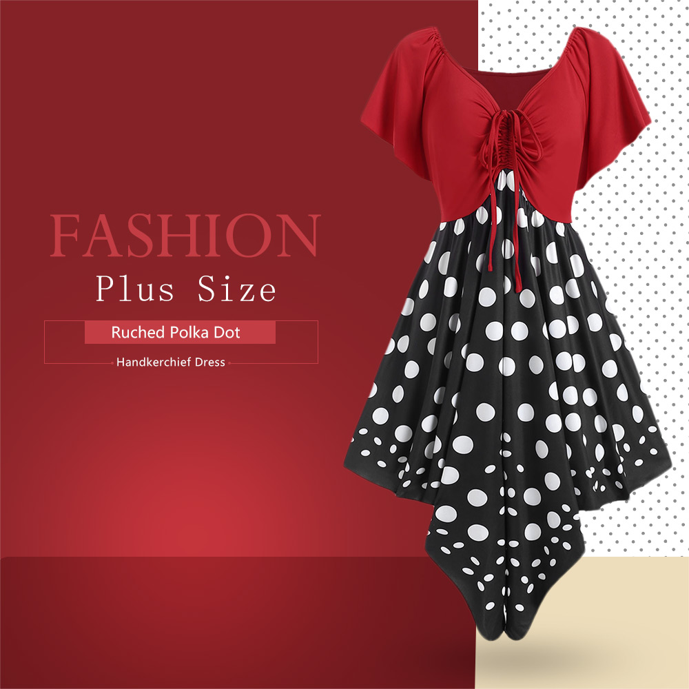 Plus Size Ruched Polka Dot Handkerchief Dress