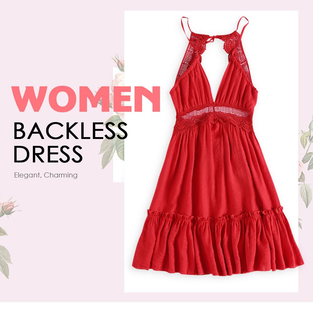 Sexy Plunge Neck Spaghetti Strap Backless Lace Spliced Women Dress