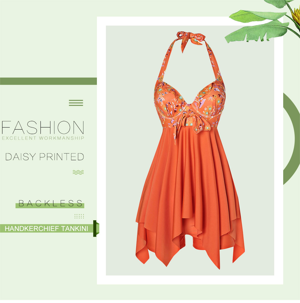 Daisy Printed Backless Handkerchief Tankini