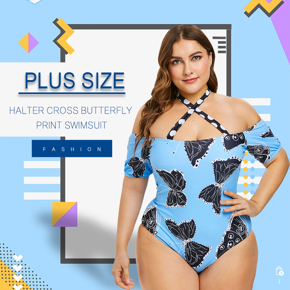 Plus Size Halter Cross Butterfly Print Swimsuit