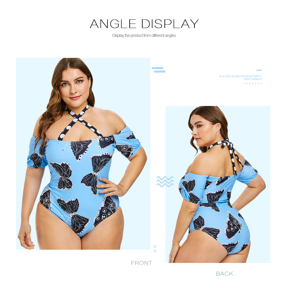Plus Size Halter Cross Butterfly Print Swimsuit