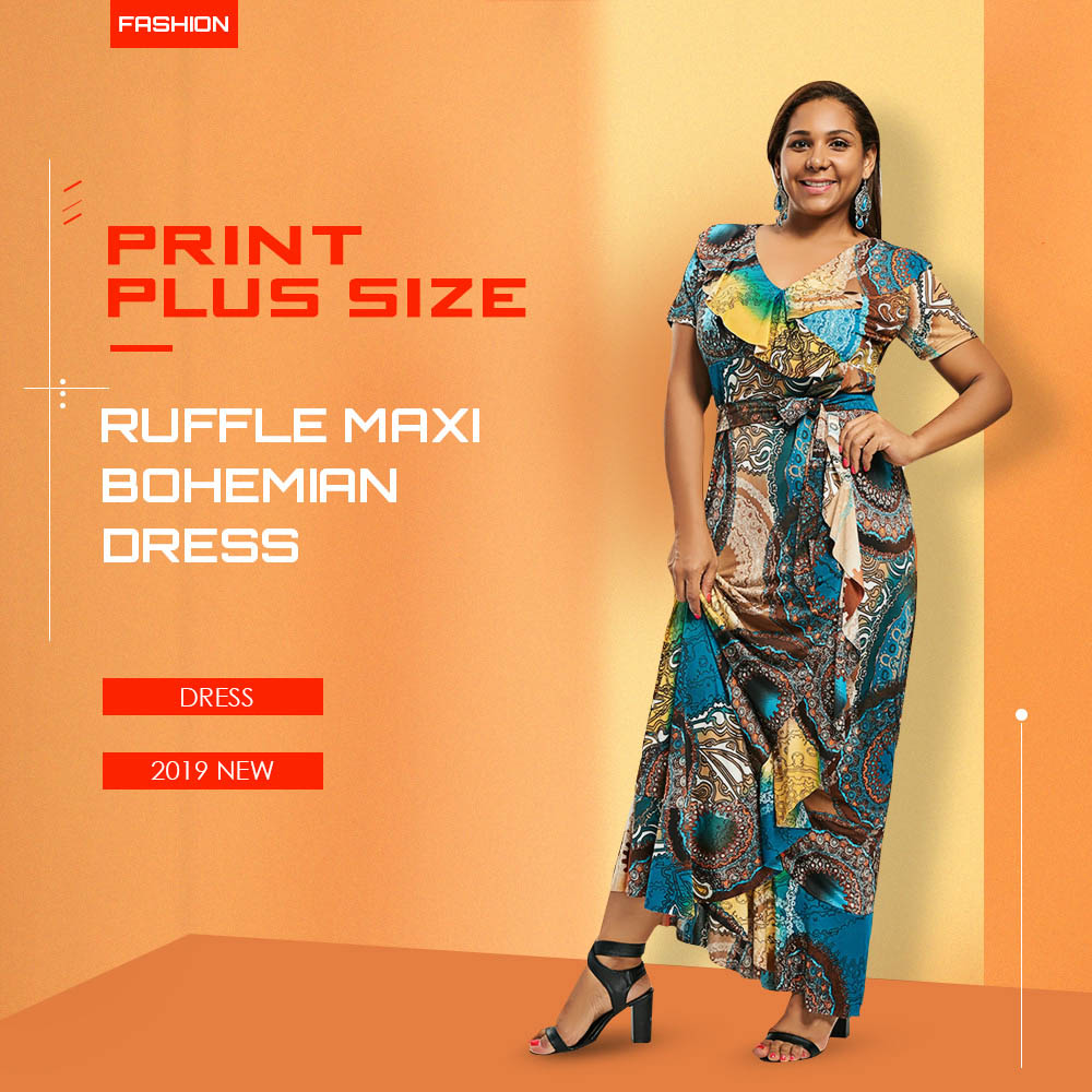 Print Plus Size Ruffle Maxi Bohemian Dress