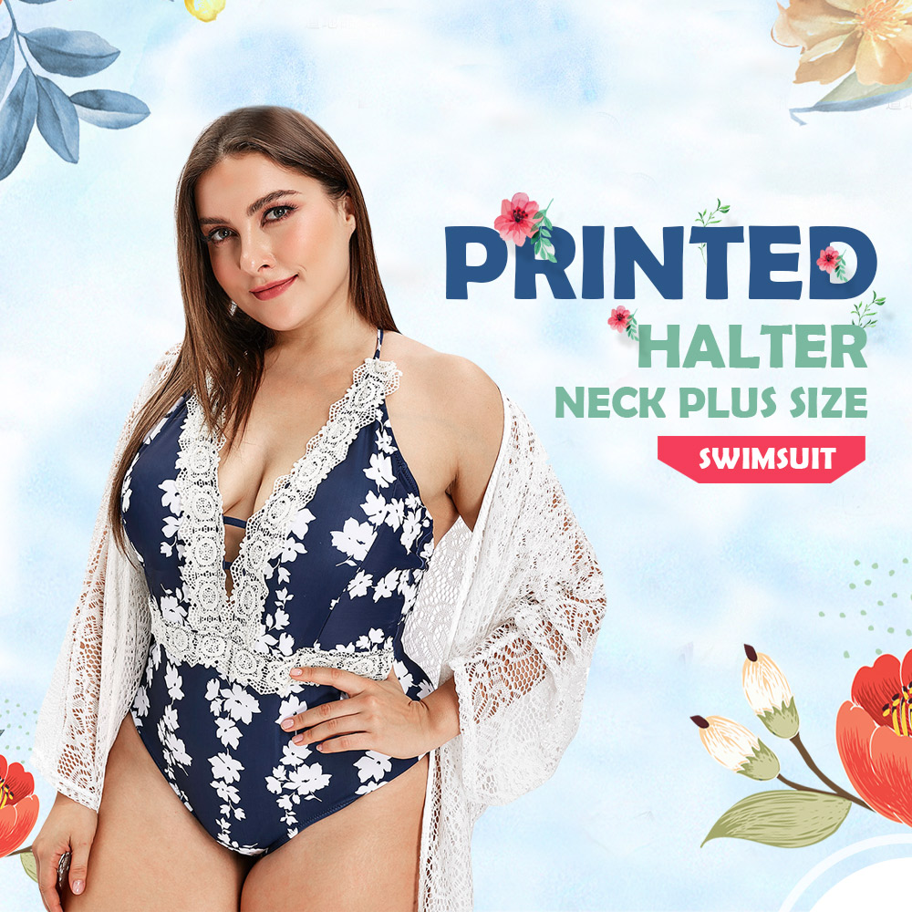 Printed Halter Neck Plus Size Swimsuit