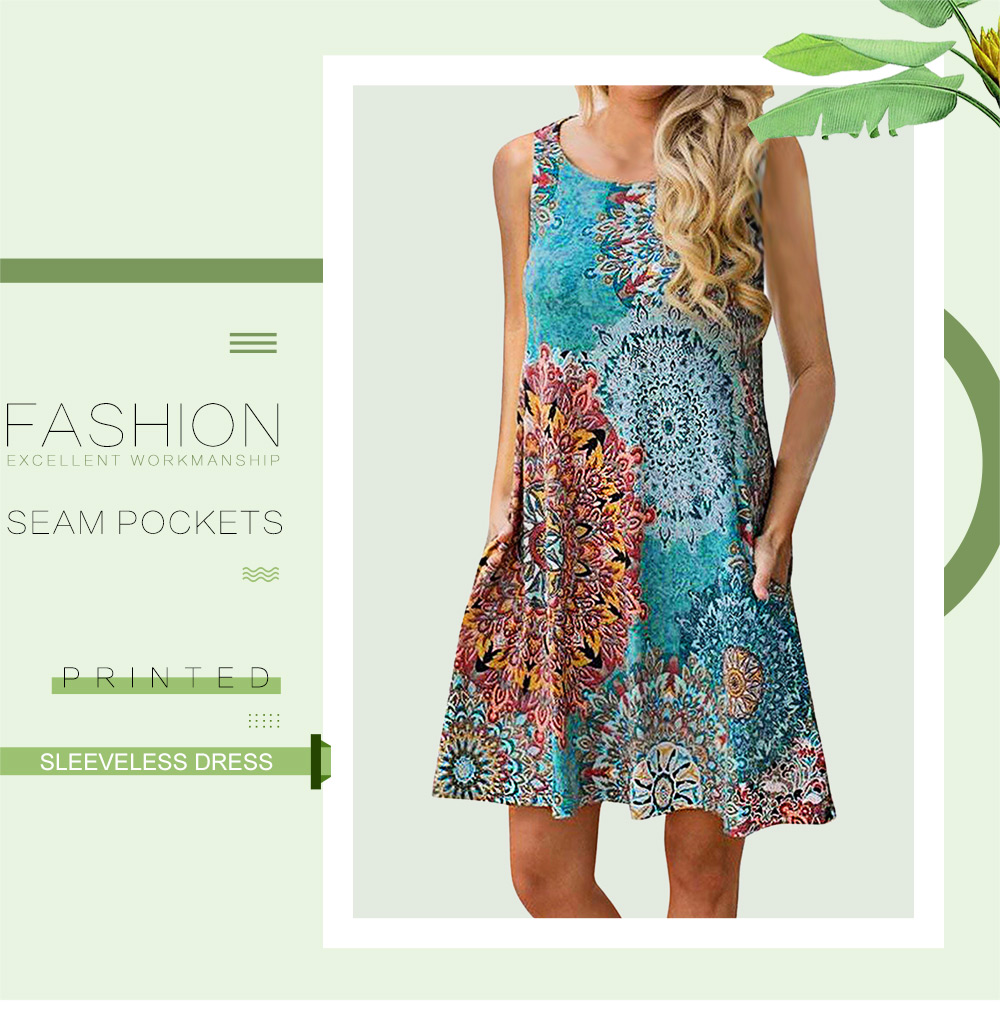 Seam Pockets Printed Sleeveless Dress