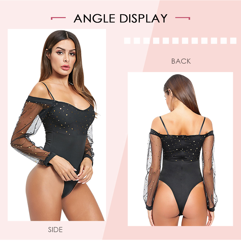 Spliced Mesh See-through Spaghetti Strap Sexy Bodycon Women Bodysuit Jumpsuit