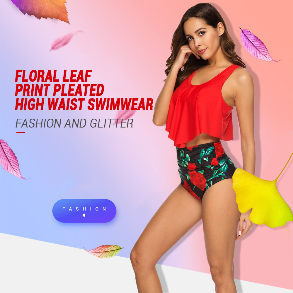 Floral Leaf Print Pleated High Waist Women Tankini Swimwear
