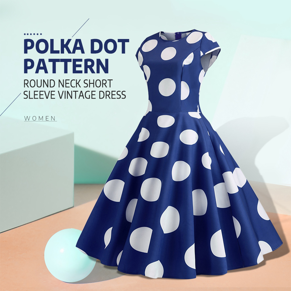 Polka Dot Pattern Round Neck Short Sleeve Vintage Dress