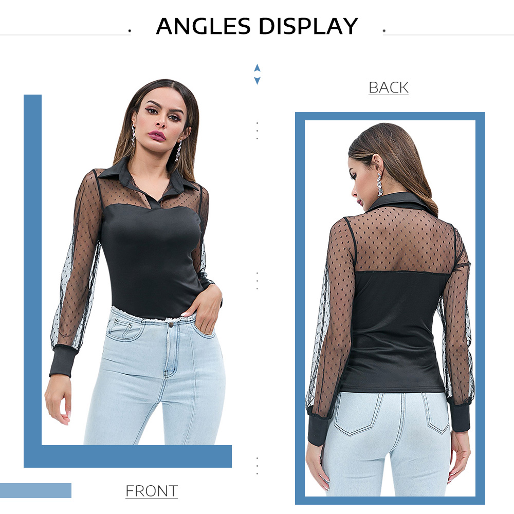 Shirt Splicing Sheer Mesh Sexy Long Sleeve V Neckline Blouse for Women