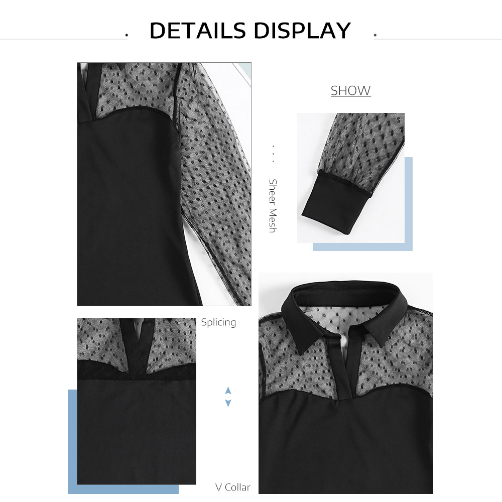 Shirt Splicing Sheer Mesh Sexy Long Sleeve V Neckline Blouse for Women